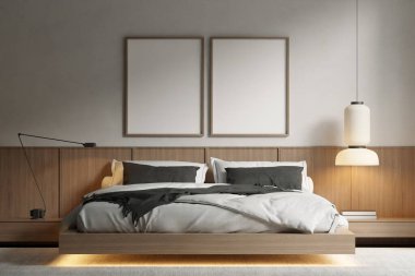 Modern Minimalist Yatak Odası İç Çerçeve Model Tahta Platform Yatak ve Yumuşak Ortam Işıklandırma 3B