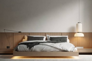 Modern Minimalist Yatak Odası İç Çerçeve Model Tahta Platform Yatak ve Yumuşak Ortam Işıklandırma 3B