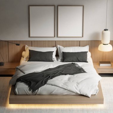 Modern Minimalist Yatak Odası İç Çerçeve Model Tahta Platform Yatak ve Yumuşak Ortam Işıklandırma 3B