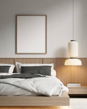 Modern Minimalist Yatak Odası İç Çerçeve Model Tahta Platform Yatak ve Yumuşak Ortam Işıklandırma 3B