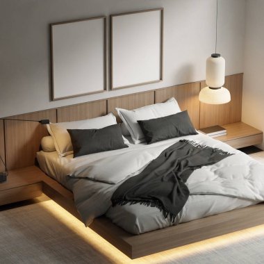 Modern Minimalist Yatak Odası İç Çerçeve Model Tahta Platform Yatak ve Yumuşak Ortam Işıklandırma 3B