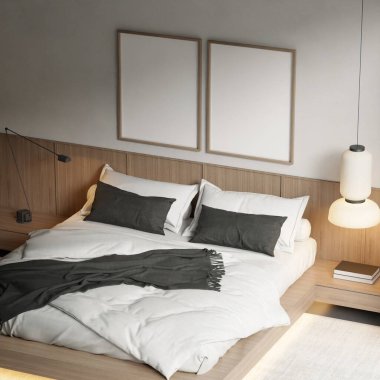 Modern Minimalist Yatak Odası İç Çerçeve Model Tahta Platform Yatak ve Yumuşak Ortam Işıklandırma 3B