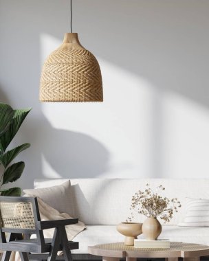 Japandi Oturma Odası Doğal Işık, Ahşap Mobilya ve Rattan Dekorasyon 3D