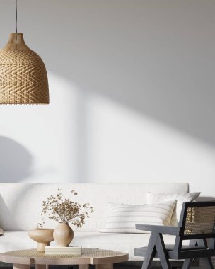 Japandi Oturma Odası Doğal Işık, Ahşap Mobilya ve Rattan Dekorasyon 3D