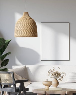 Japandi Oturma Odası Doğal Işık, Ahşap Mobilya ve Rattan Dekorasyon 3D