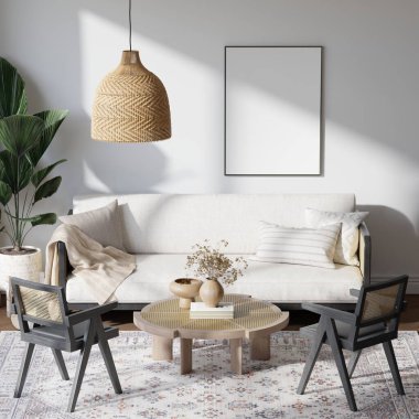 Japandi Oturma Odası Doğal Işık, Ahşap Mobilya ve Rattan Dekorasyon 3D