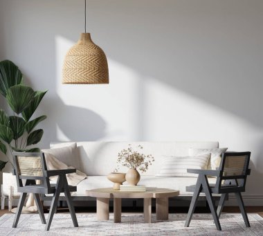 Japandi Oturma Odası Doğal Işık, Ahşap Mobilya ve Rattan Dekorasyon 3D