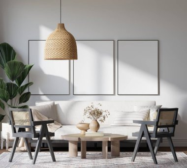 Japandi Oturma Odası Doğal Işık, Ahşap Mobilya ve Rattan Dekorasyon 3D