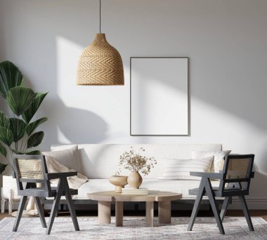 Japandi Oturma Odası Doğal Işık, Ahşap Mobilya ve Rattan Dekorasyon 3D