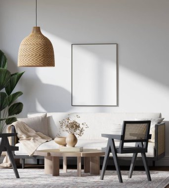 Japandi Oturma Odası Doğal Işık, Ahşap Mobilya ve Rattan Dekorasyon 3D