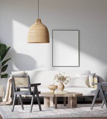 Japandi Oturma Odası Doğal Işık, Ahşap Mobilya ve Rattan Dekorasyon 3D