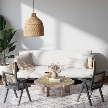 Japandi Oturma Odası Doğal Işık, Ahşap Mobilya ve Rattan Dekorasyon 3D