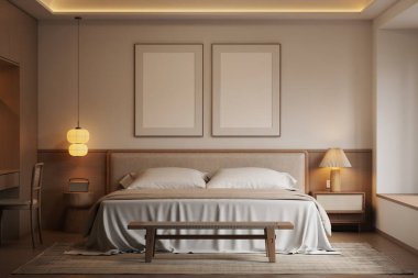 Minimalist Japandi Yatak Odası İç Çerçeve Mobilyaları, Ahşap Mobilyalar ve Konforlu Işıklandırma 3D