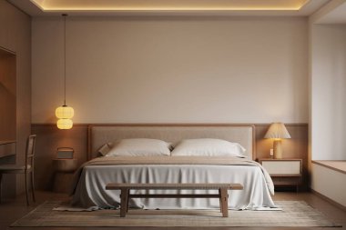 Minimalist Japandi Yatak Odası İç Çerçeve Mobilyaları, Ahşap Mobilyalar ve Konforlu Işıklandırma 3D