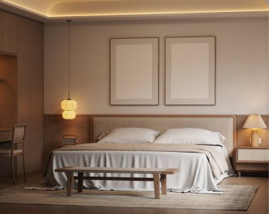 Minimalist Japandi Yatak Odası İç Çerçeve Mobilyaları, Ahşap Mobilyalar ve Konforlu Işıklandırma 3D