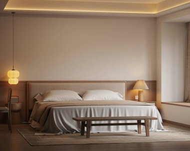 Minimalist Japandi Yatak Odası İç Çerçeve Mobilyaları, Ahşap Mobilyalar ve Konforlu Işıklandırma 3D