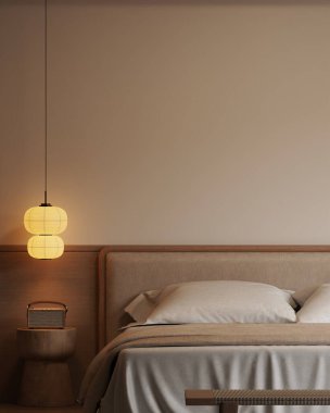 Minimalist Japandi Yatak Odası İç Çerçeve Mobilyaları, Ahşap Mobilyalar ve Konforlu Işıklandırma 3D