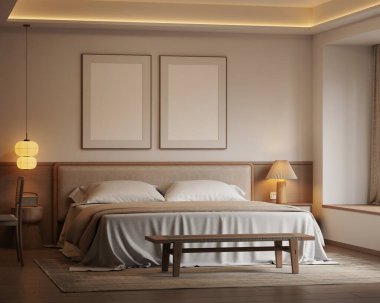 Minimalist Japandi Yatak Odası İç Çerçeve Mobilyaları, Ahşap Mobilyalar ve Konforlu Işıklandırma 3D