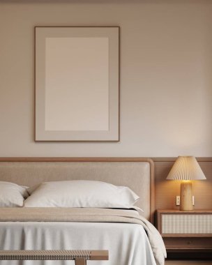 Minimalist Japandi Yatak Odası İç Çerçeve Mobilyaları, Ahşap Mobilyalar ve Konforlu Işıklandırma 3D