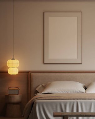 Minimalist Japandi Yatak Odası İç Çerçeve Mobilyaları, Ahşap Mobilyalar ve Konforlu Işıklandırma 3D