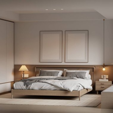 Minimalist Japandi Yatak Odası İç Çerçeve Mobilyaları, Ahşap Mobilyalar ve Konforlu Işıklandırma 3D