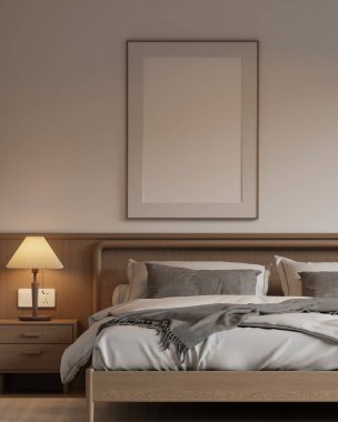 Minimalist Japandi Yatak Odası İç Çerçeve Mobilyaları, Ahşap Mobilyalar ve Konforlu Işıklandırma 3D