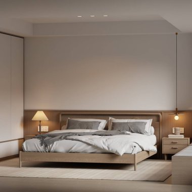 Minimalist Japandi Yatak Odası İç Çerçeve Mobilyaları, Ahşap Mobilyalar ve Konforlu Işıklandırma 3D