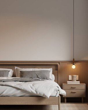 Minimalist Japandi Yatak Odası İç Çerçeve Mobilyaları, Ahşap Mobilyalar ve Konforlu Işıklandırma 3D