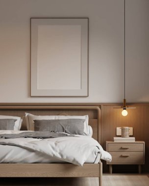 Minimalist Japandi Yatak Odası İç Çerçeve Mobilyaları, Ahşap Mobilyalar ve Konforlu Işıklandırma 3D