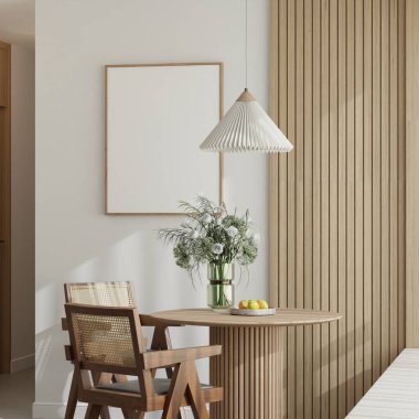 İskandinav Yemek Odası Ahşap Masa, Rattan Sandalyeleri ve Doğal Işık 3D İç Modeli