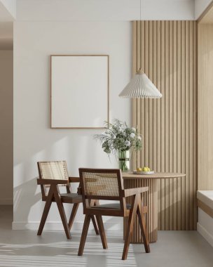 İskandinav Yemek Odası Ahşap Masa, Rattan Sandalyeleri ve Doğal Işık 3D İç Modeli