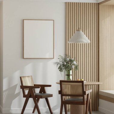 İskandinav Yemek Odası Ahşap Masa, Rattan Sandalyeleri ve Doğal Işık 3D İç Modeli