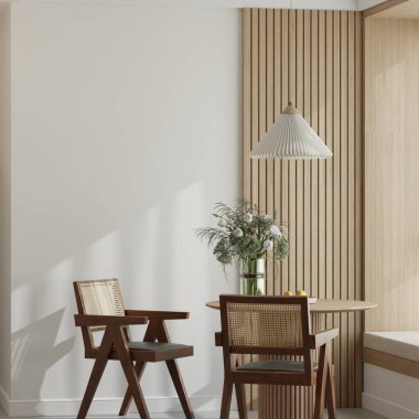İskandinav Yemek Odası Ahşap Masa, Rattan Sandalyeleri ve Doğal Işık 3D İç Modeli