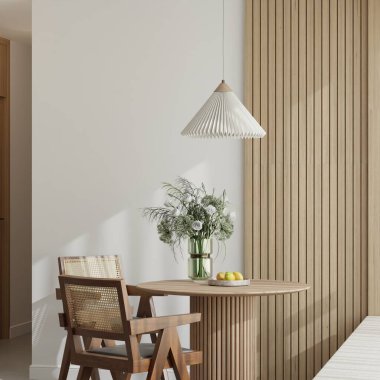 İskandinav Yemek Odası Ahşap Masa, Rattan Sandalyeleri ve Doğal Işık 3D İç Modeli