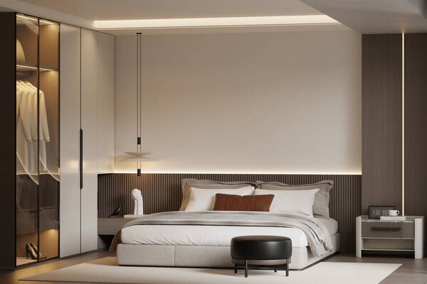 Современная минималистская спальня Интерьер рамы Плакат 3D рендеринг