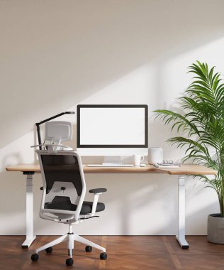 Modern Minimalist İçişleri Ofisi 'nde Bilgisayar Ekranı ile Poster Çerçeve Model Model