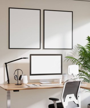 Modern Minimalist İçişleri Ofisi 'nde Bilgisayar Ekranı ile Poster Çerçeve Model Model