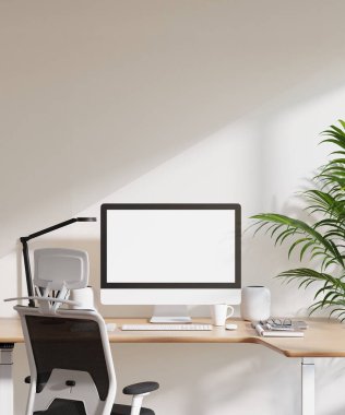 Modern Minimalist İçişleri Ofisi 'nde Bilgisayar Ekranı ile Poster Çerçeve Model Model