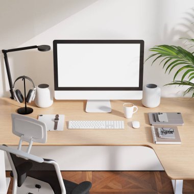 Modern Minimalist İçişleri Ofisi 'nde Bilgisayar Ekranı ile Poster Çerçeve Model Model