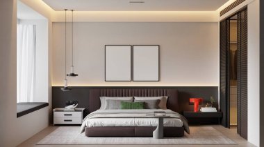 Minimalist Yatak Odası İçi Boş Poster Çerçeveleri ve Konforlu Işıklandırma