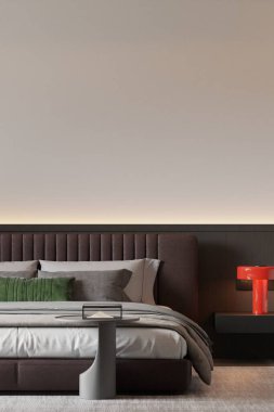 Minimalist Yatak Odası İçi Boş Poster Çerçeveleri ve Konforlu Işıklandırma