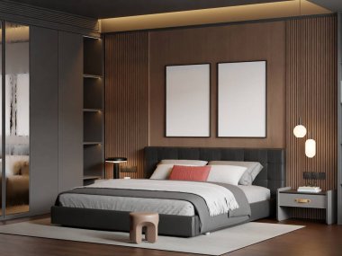 Modern Minimalist Yatak Odası İç Modeli Poster Çerçevesi Model Duvarı