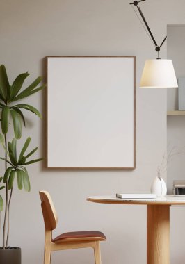 Modern bir yemek odasının içinde çerçeve posteri modeli. 3B görüntüleme, 3B resimleme.