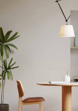 Modern bir yemek odasının içinde çerçeve posteri modeli. 3B görüntüleme, 3B resimleme.