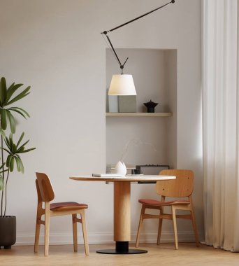 Modern bir yemek odasının içinde çerçeve posteri modeli. 3B görüntüleme, 3B resimleme.