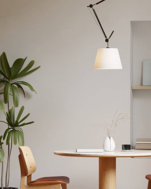 Modern bir yemek odasının içinde çerçeve posteri modeli. 3B görüntüleme, 3B resimleme.