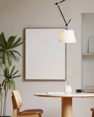 Modern bir yemek odasının içinde çerçeve posteri modeli. 3B görüntüleme, 3B resimleme.