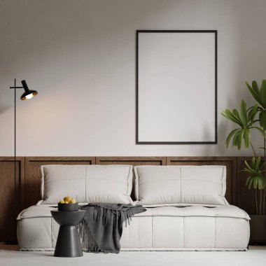 Modern bir oturma odasının içinde çerçeve poster modeli. 3B görüntüleme, 3B resimleme.