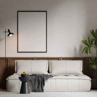 Modern bir oturma odasının içinde çerçeve poster modeli. 3B görüntüleme, 3B resimleme.