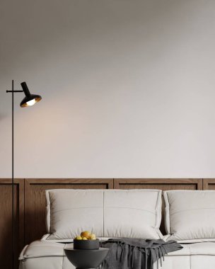 Modern bir oturma odasının içinde çerçeve poster modeli. 3B görüntüleme, 3B resimleme.